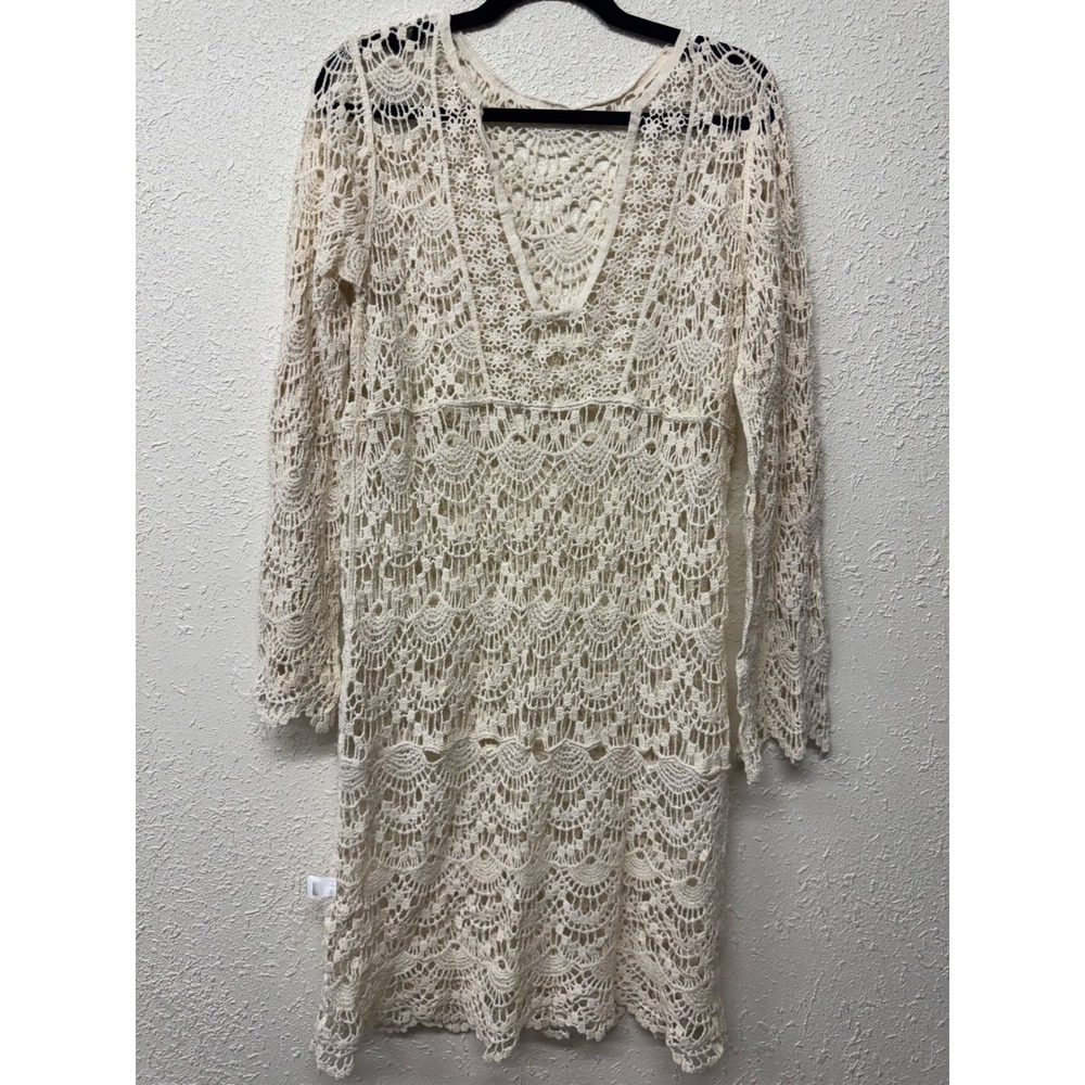 Ivory Crochet Lace Tunic Dress L XL Boho Beach Cover Up Cotton Resortwear